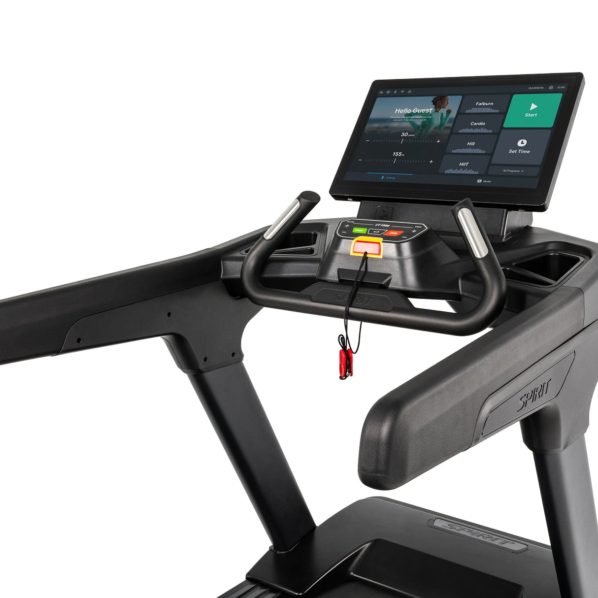 Close-up of the Spirit Fitness CT1000ENT Treadmill's physical control panel with Start, Stop, and incline/speed buttons.