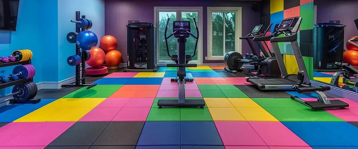 A gym with different colored rubber floor tiles inside.