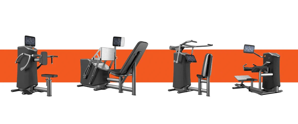 Gym machines on a white background with an orange strip behind them for visual effect