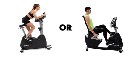 An image of a woman on an upright cardio bike next to a man on a recumbent cardio bike