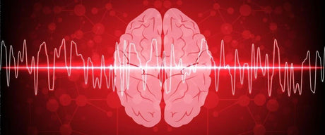 Illustration of a brain with red light waves overlaying it
