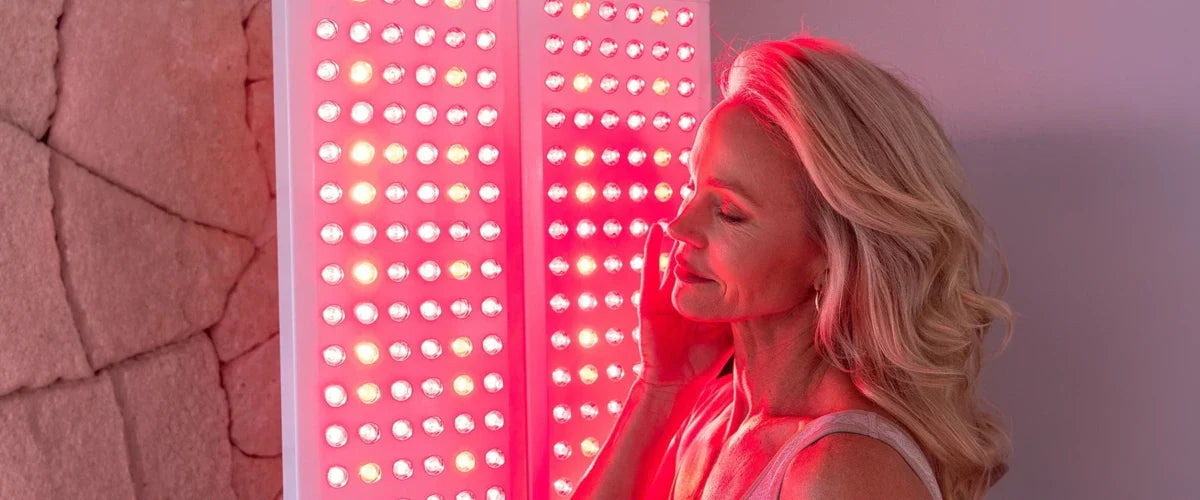 Woman touching her face with her eyes closed while standing in front of a red light therapy panel