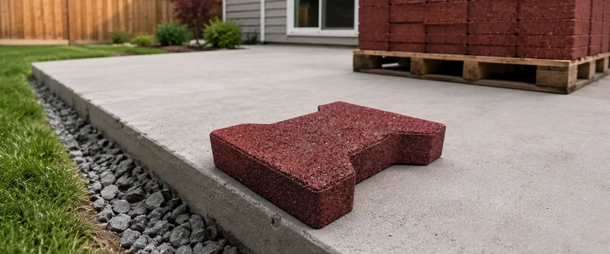 a red rubber paver sitting on a cement slab with a pallet of red rubber pavers behind it