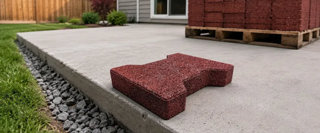 a red rubber paver sitting on a cement slab with a pallet of red rubber pavers behind it