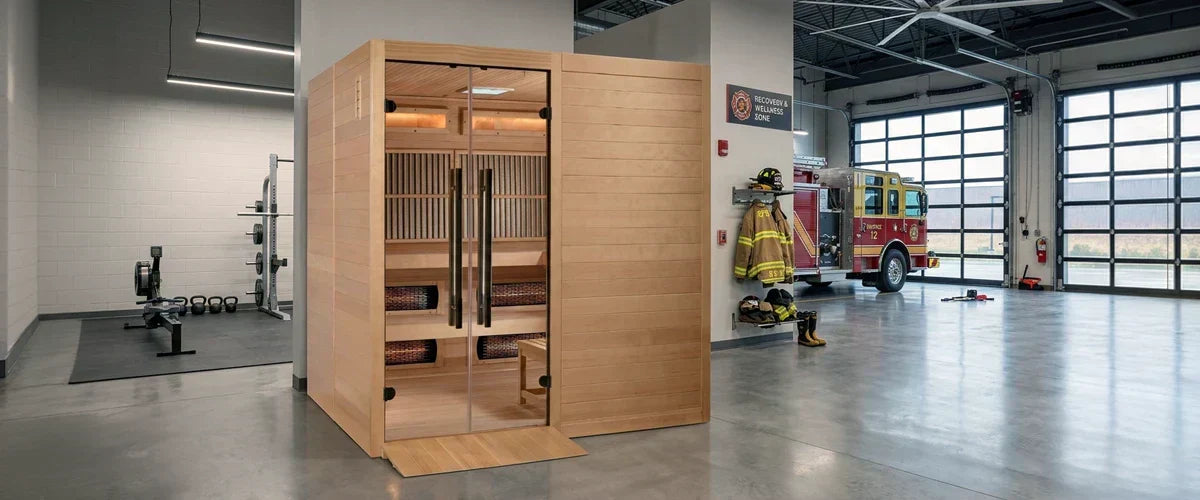 A modern fire station with a large sauna inside it