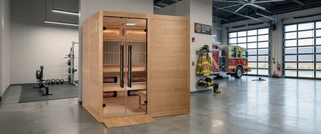 A modern fire station with a large sauna inside it