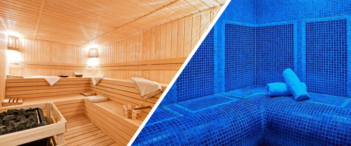 Side by side comparison photo of a large steam room which is orange and brown wooden tones next to a steam room which is tiled and lit up with a blue light