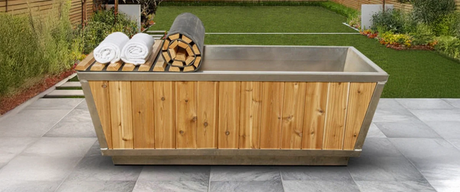 Rectangular steel cold plunge with wooden exterior