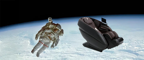 An American astronaut in outer space floating above earth alongside a zero gravity massage chair by Lifetrend