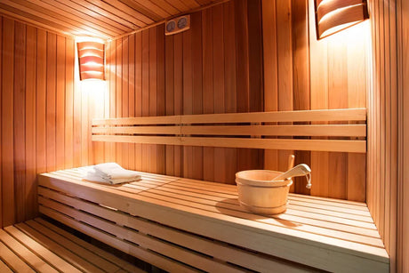 Inside of a high end wooden sauna