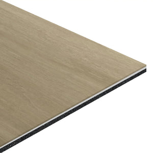 A close-up of the ECORE Balanced Motivate Laminate Roll - 7mm Class 1 Flooring by ECORE Athletic shows its wood-like top layer and multiple base layers, all against a white background.