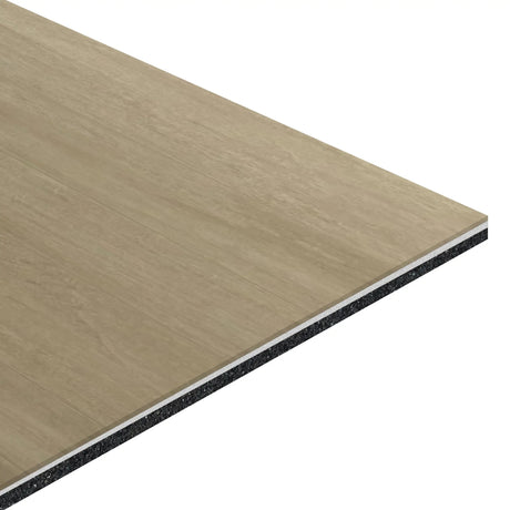 A close-up of the ECORE Balanced Motivate Laminate Roll - 7mm Class 1 Flooring by ECORE Athletic shows its wood-like top layer and multiple base layers, all against a white background.