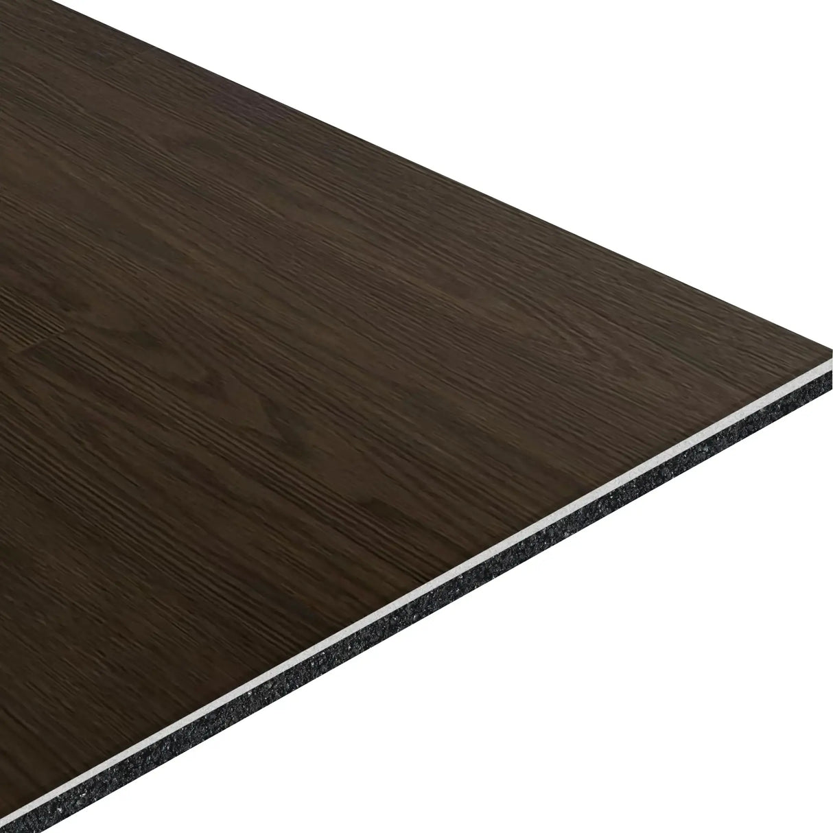 A close-up view of the ECORE Athletic Baller Motivate Laminate Roll - 7mm Class 1 Flooring shows its rectangular, dark brown panel with a textured wood grain surface and multiple visible support layers.