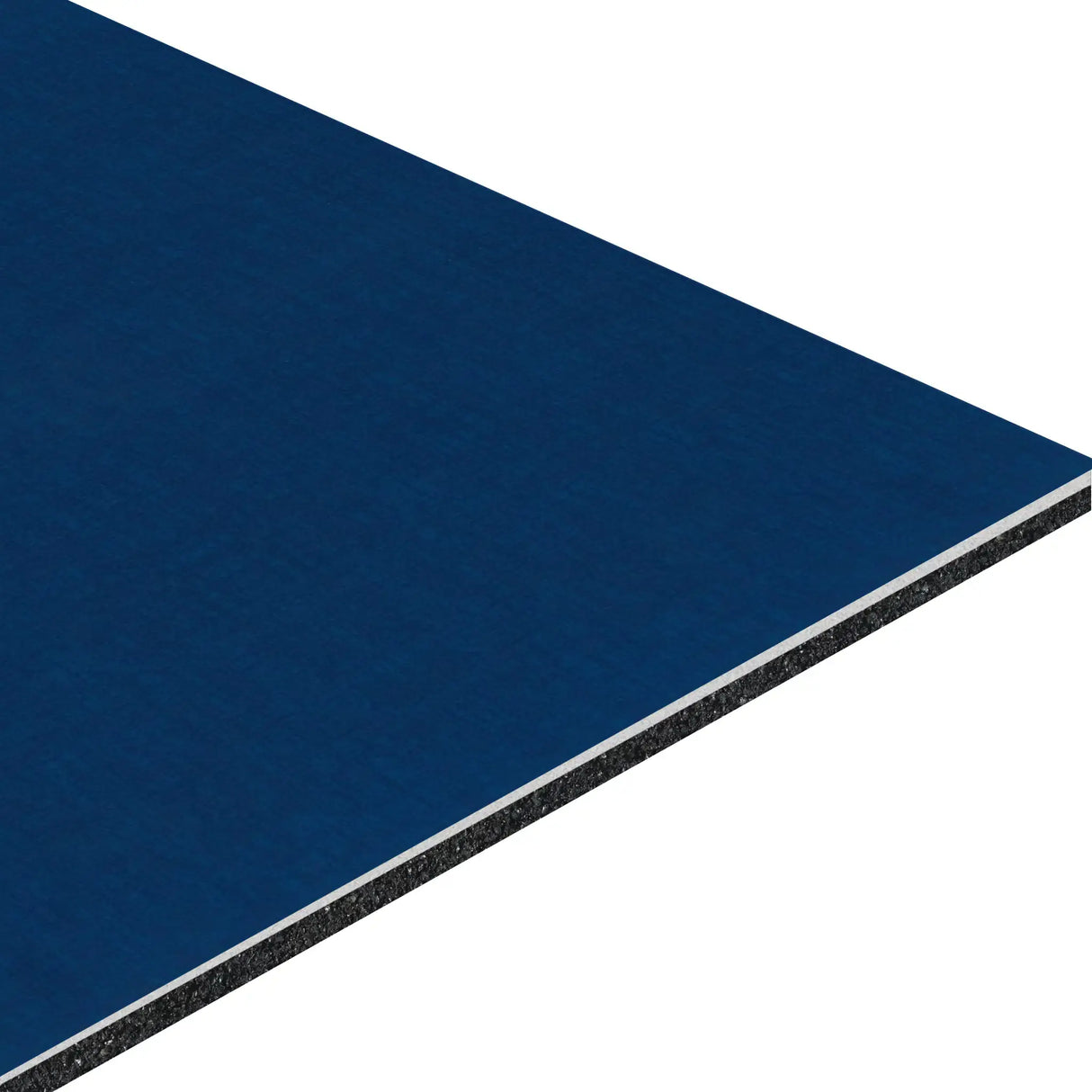 A close-up of ECORE Baller Motivate Laminate Roll - 7mm Class 1 Flooring by ECORE Athletic shows a solid, smooth blue top surface with multiple thin layers of varied textures and colors beneath.