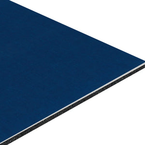 A close-up of ECORE Baller Motivate Laminate Roll - 7mm Class 1 Flooring by ECORE Athletic shows a solid, smooth blue top surface with multiple thin layers of varied textures and colors beneath.