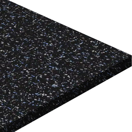 A close-up of the ECORE Basic Fit Rubber Roll - 8mm Flooring by ECORE Athletic, featuring a black surface with blue, white, and gray speckles, shown at an angle to highlight its thickness and textured finish.