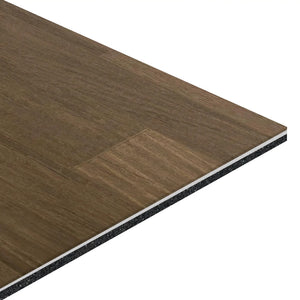Close-up of ECORE Athletic's Balanced Motivate Laminate Roll - 7mm Class 1 Flooring, showing its rectangular shape, wood grain pattern, layered construction, and beveled edge against a white background.