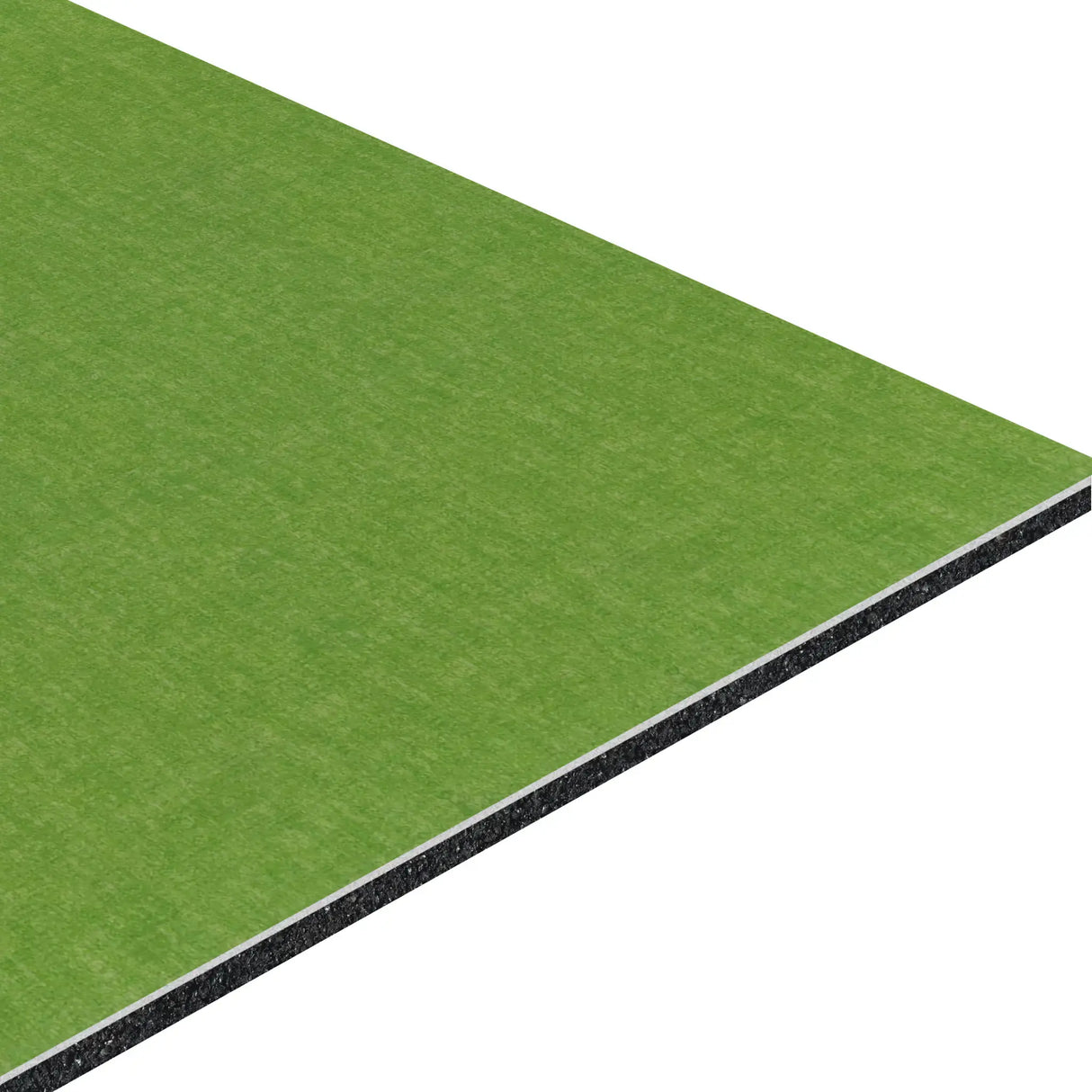 A close-up angled view of the ECORE Baller Motivate Laminate Roll - 7mm Class 1 Flooring by ECORE Athletic, highlighting its rectangular shape, black core, layered structure, and smooth green surface.