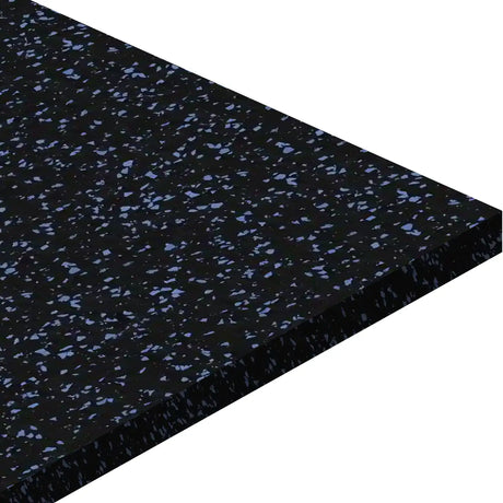 A close-up angled view of the ECORE Athletic ECORE Basic Fit Rubber Roll - 8mm Flooring in black with scattered small blue specks, displayed on a white background.