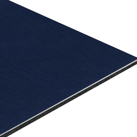 A close-up of the ECORE Athletic Baller Motivate Laminate Roll - 7mm Class 1 Flooring, a rectangular, thin, dark blue panel with black and gray layered edges, shown angled against a white background.