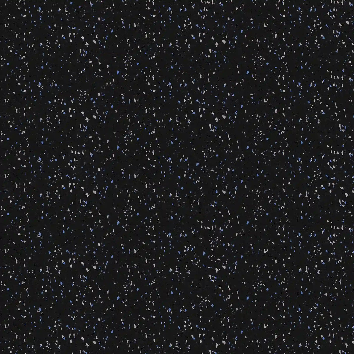 The ECORE Athletic Basic Fit Rubber Roll - 8mm Flooring features a black surface with scattered small blue, white, and gray specks, resembling a starry night sky or terrazzo pattern.