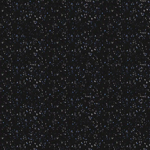 The ECORE Athletic Basic Fit Rubber Roll - 8mm Flooring features a black surface with scattered small blue, white, and gray specks, resembling a starry night sky or terrazzo pattern.