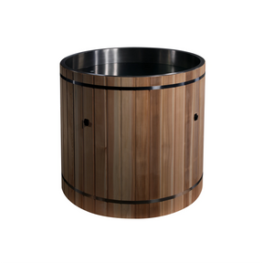Stainless steel red cedar barrel cold plunge manufactured by Dynamic Cold Therapy