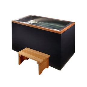 Black rectangular cold plunge with wooden trim and step stool on a white background