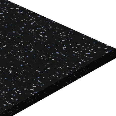 A close-up of the ECORE Athletic Basic Fit Rubber Roll - 8mm Flooring, a rectangular black mat with blue, grey, and white speckles, shown on a white background.