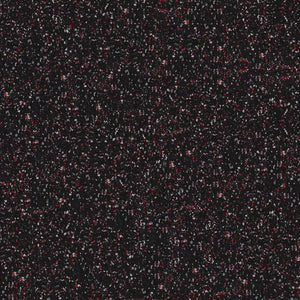 ECORE Athletic’s ECORE Basic Fit Rubber Roll – 8mm Flooring features a black surface with scattered small red, white, and gray flecks, resembling confetti or crumbs on a dark background.