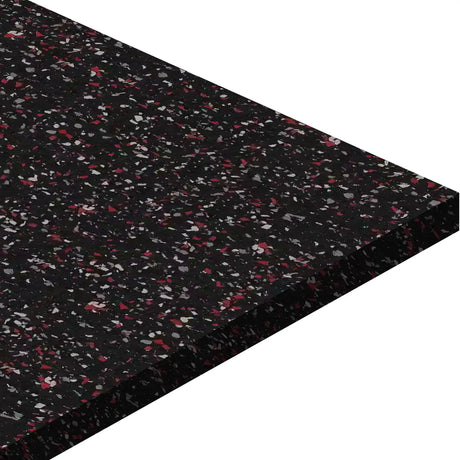 A close-up view of the ECORE Athletic Basic Fit Rubber Roll - 8mm Flooring shows its thick, rectangular black surface with red, white, and gray speckles throughout.