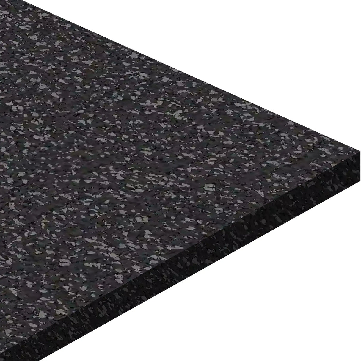 A close-up of the ECORE Athletic Basic Fit Rubber Roll - 8mm Flooring, a rectangular black mat with gray and white speckles, shown on a white background.
