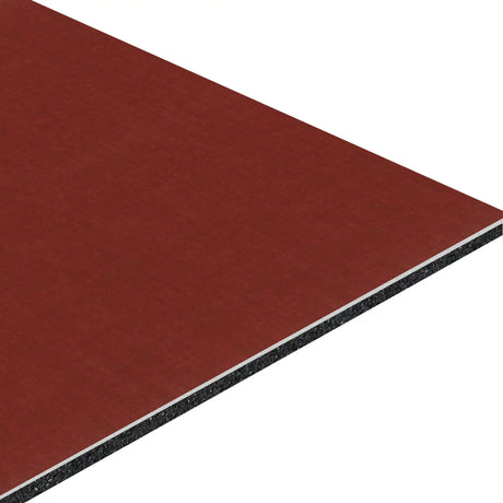 A close-up of the ECORE Athletic ECORE Baller Motivate Laminate Roll - 7mm Class 1 Flooring shows its rectangular, reddish-brown layered structure with a dark core and thin light-colored layer, displayed at an angle on a white background.