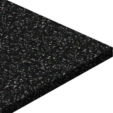 A close-up view of the ECORE Basic Fit Rubber Roll - 8mm Flooring by ECORE Athletic, a rectangular black rubber mat with white, gray, and light speckles, shown angled against a white background.