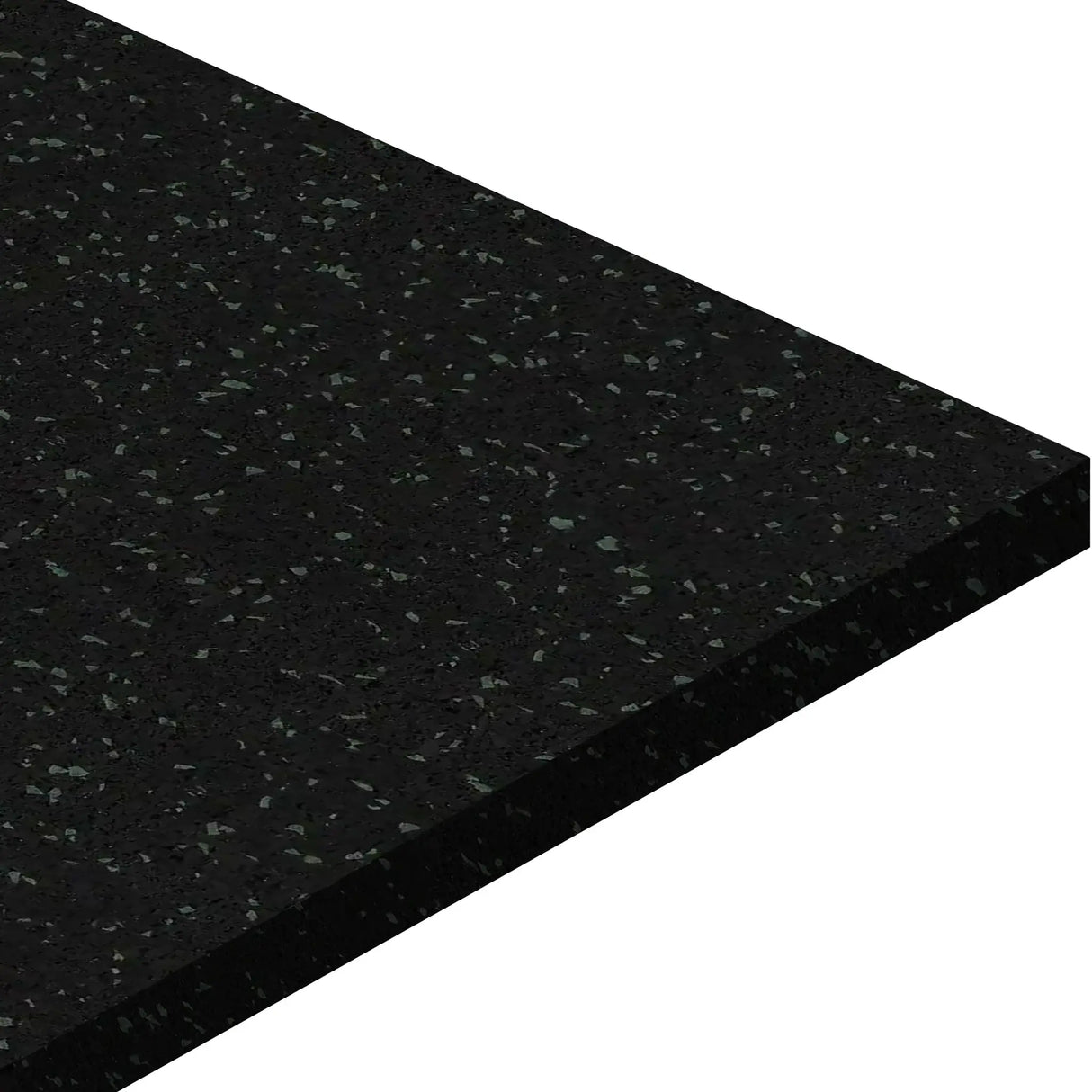 A close-up view of ECORE Basic Fit Rubber Roll - 8mm Flooring by ECORE Athletic, featuring a polished dark surface with subtle green and gray specks, displayed against a white background.