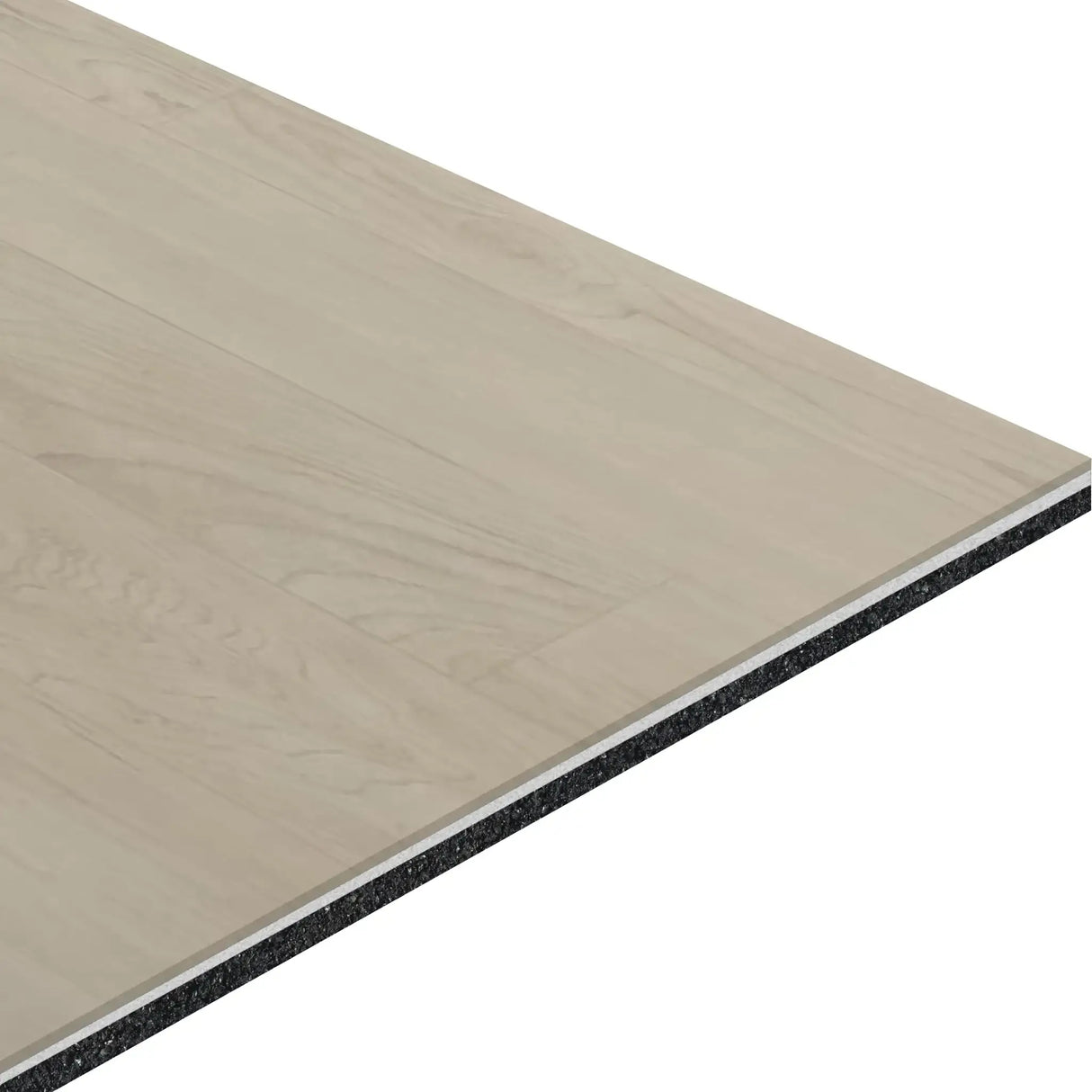 A close-up of ECORE Baller Motivate Laminate Roll - 7mm Class 1 Flooring by ECORE Athletic, featuring a smooth light wood-grain surface and a dark, textured underlayer showcasing its layered structure.
