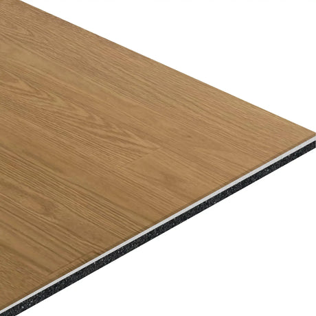 A close-up view of the ECORE Athletic Baller Motivate Laminate Roll - 7mm Class 1 Flooring shows its rectangular, layered plank design with a wood grain top and dark underlayment.