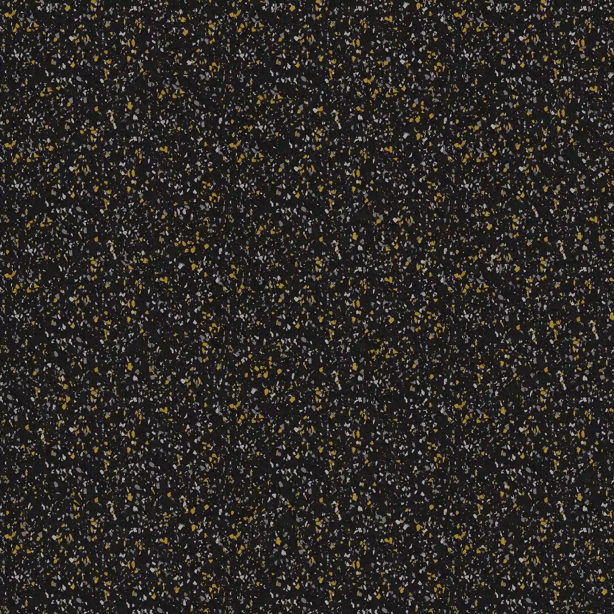 The ECORE Basic Fit Rubber Roll - 8mm Flooring by ECORE Athletic features a black background with scattered yellow, white, and gray specks, creating a terrazzo-style look reminiscent of a starry night sky.