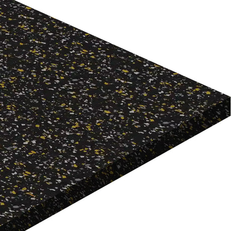 A close-up of the ECORE Basic Fit Rubber Roll - 8mm Flooring by ECORE Athletic, featuring a rectangular black surface with yellow, gray, and white speckles against a white background.