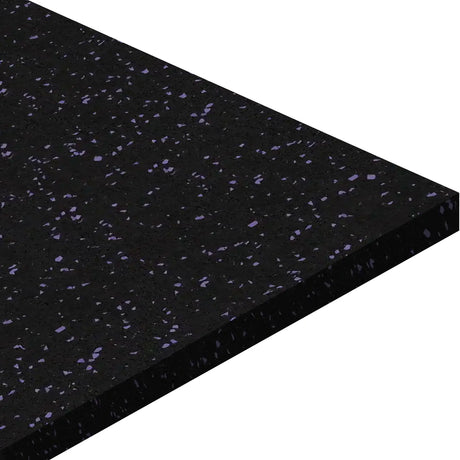A close-up of the ECORE Athletic Basic Fit Rubber Roll - 8mm Flooring in black with small purple specks, shown at an angle to emphasize its thickness and textured surface.