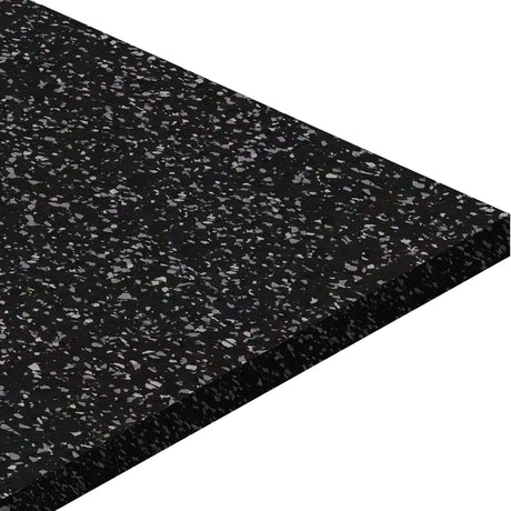 A close-up of the ECORE Athletic Basic Fit Rubber Roll - 8mm Flooring shows its thick, textured black surface with white and gray speckles, ideal for gym or flooring applications.