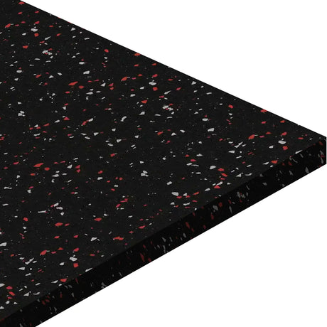 The ECORE Basic Fit Rubber Roll - 8mm Flooring by ECORE Athletic is a thick, rectangular black mat with red and white speckles, shown at an angle on a white background.