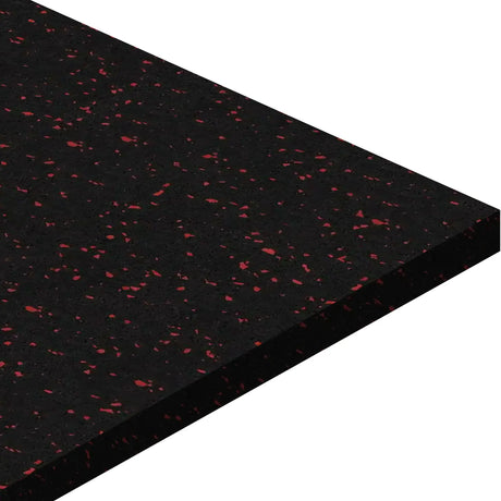 Close-up of ECORE Athletic ECORE Basic Fit Rubber Roll - 8mm Flooring in black with red speckles, shown angled on a white background. The dense, flat surface is ideal for gym flooring or athletic spaces.