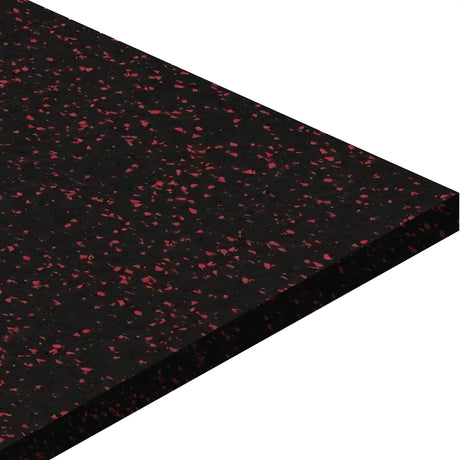The ECORE Athletic Basic Fit Rubber Roll - 8mm Flooring is shown as a flat rectangular black mat with small red speckles, viewed from an angle against a white background. The smooth surface highlights the mat's sleek design.
