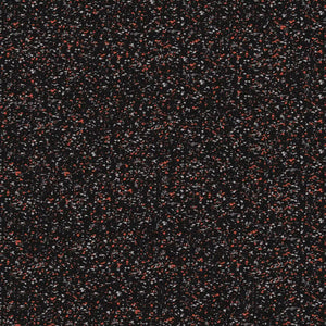 A close-up of ECORE Athletic’s Basic Fit Rubber Roll - 8mm Flooring shows a black rubber surface with red, white, and gray specks throughout, creating a unique speckled pattern.