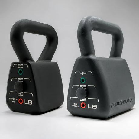 A PowerBlock Commercial Standard Adjustable Kettlebell with four weight options which include 18lb, 22lb, 26lb, and 35lb