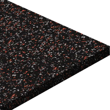 A close-up of the ECORE Athletic Basic Fit Rubber Roll - 8mm Flooring, featuring black rubber with red, white, and gray speckles, shown at an angle against a white background.