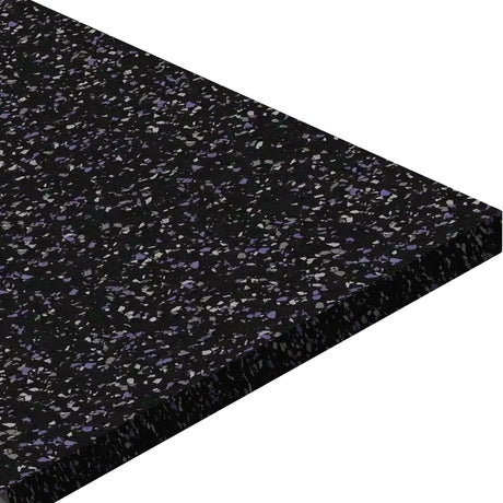 A close-up of the ECORE Athletic ECORE Basic Fit Rubber Roll - 8mm Flooring, a rectangular black mat with blue and light gray speckles, displayed at an angle on a white background.