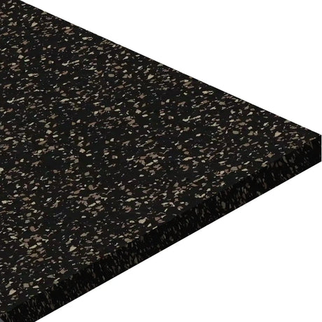 A close-up of the ECORE Athletic Basic Fit Rubber Roll - 8mm Flooring shows its rectangular shape, black color with gray speckles, displayed at an angle on a white background.