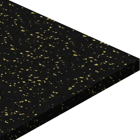 A close-up of the ECORE Athletic Basic Fit Rubber Roll - 8mm Flooring shows its black surface with small yellow specks, viewed at an angle against a white background.